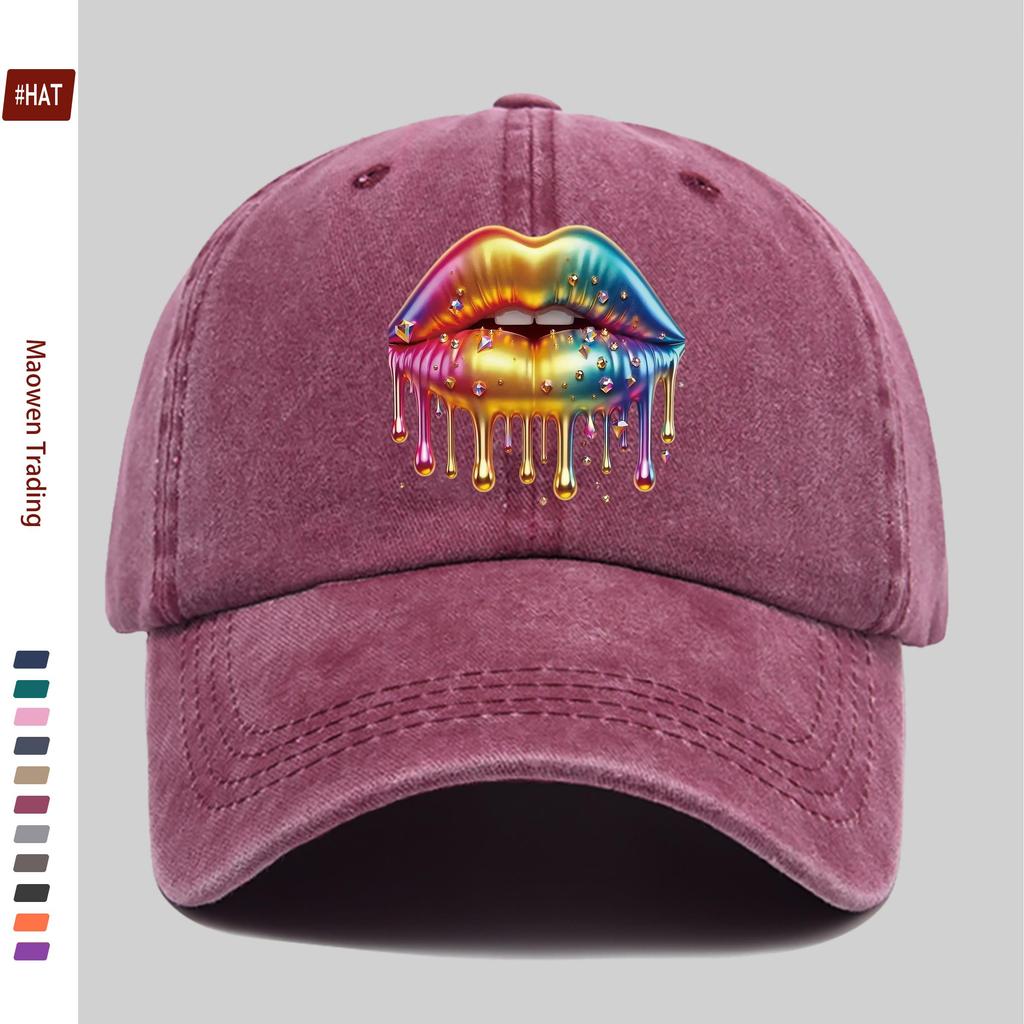 Pc Glossy Rainbow Lip and Sparkling Print Baseball Cap Simple Design Sun Hat Trucker Decorative Hat Adjustable Buckle Strap