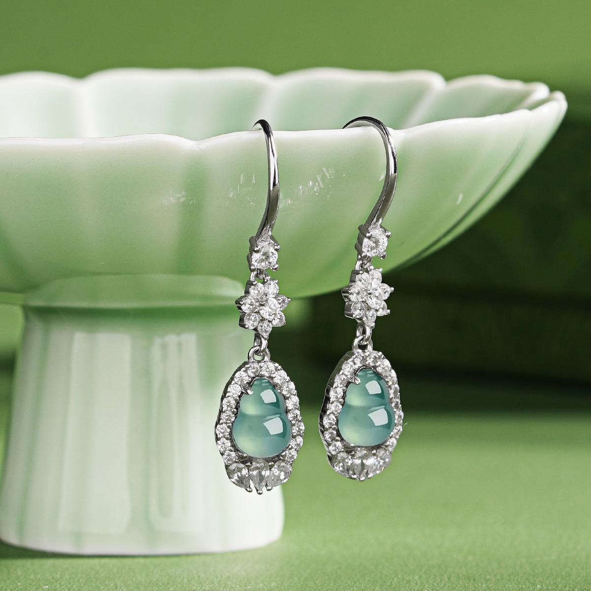 Tichiya Blue Water Jade Gourd Earrings for Women, S925 Sterling Silver, New Chinese Style Jade Ornament Earrings S925 Silver
