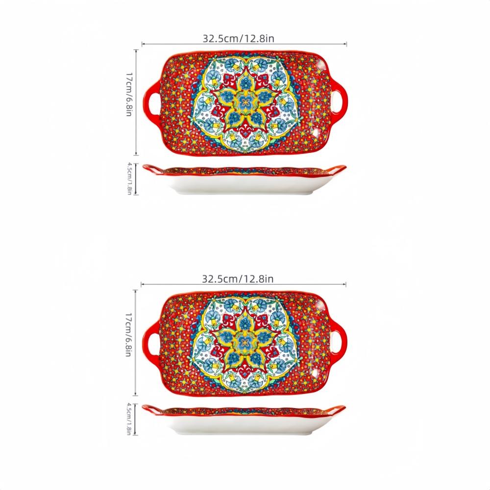 1pc Bohemian style ceramic fish dish with handle: 12.8-inch rectangular dining table tray, suitable for microwave and oven
