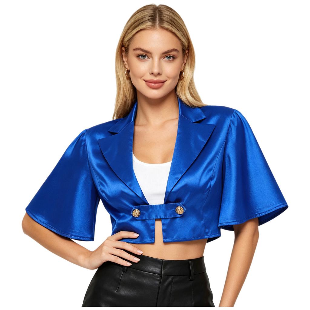 Women Satin Jacket Top Lapel Collar Flutter Sleeve Front Button Blouse Victorian Style for Casual Daily Party Wear
