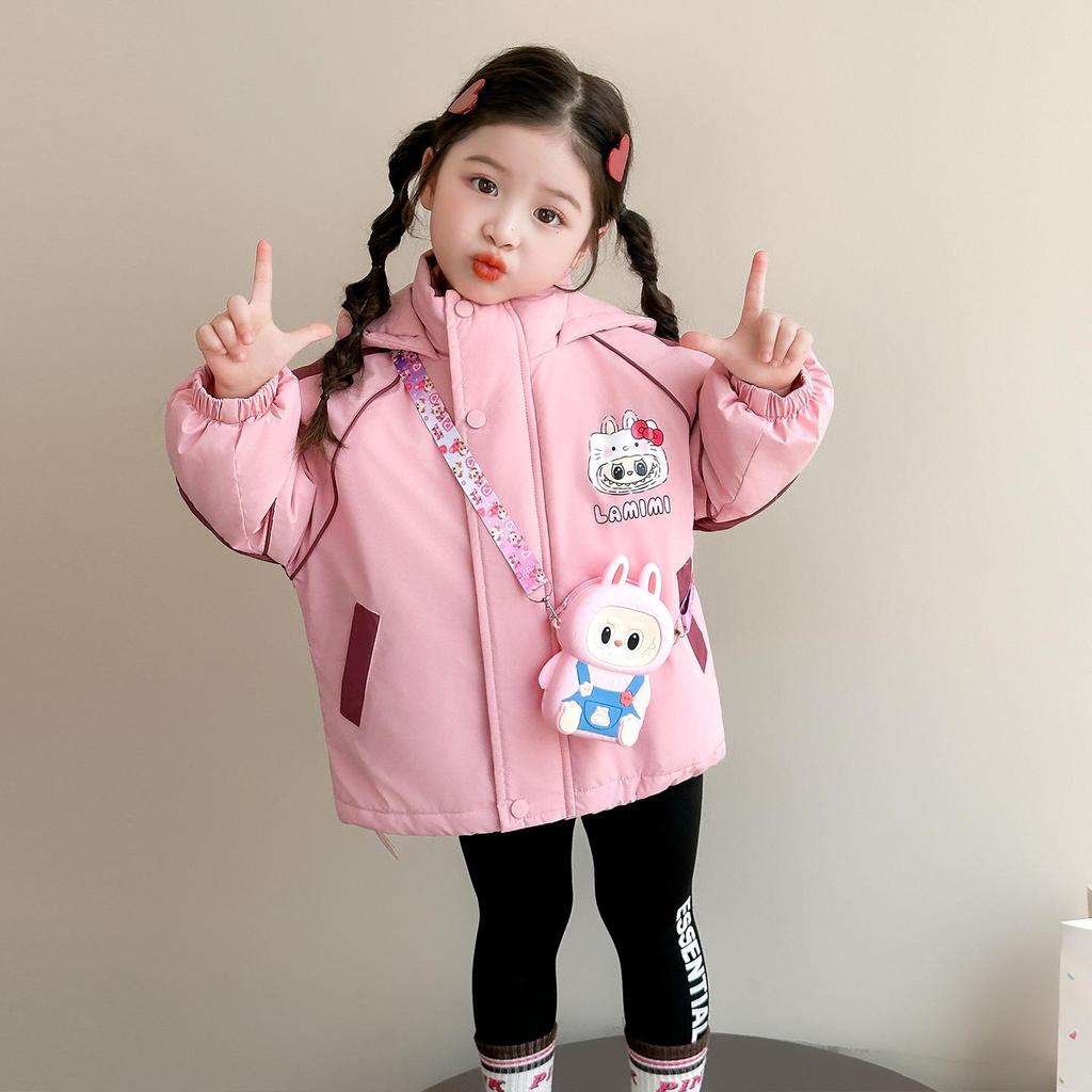 Girls' Fleece-Lined Windproof Jacket Set with Bag for Toddlers/Little Kids, Thick Autumn/Winter Coat with Cotton Lining