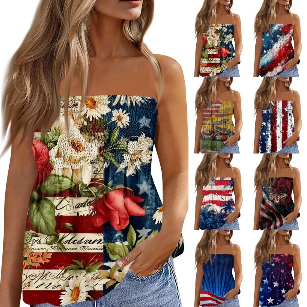 Women's Fashionable Sexy Backless Elastic Independence Day Print Bandeau Top