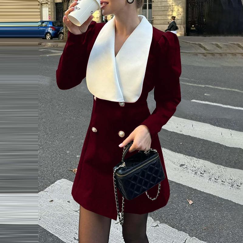 

VONDA Женская мода цветные лацканы с длинным рукавом платья S вино красного