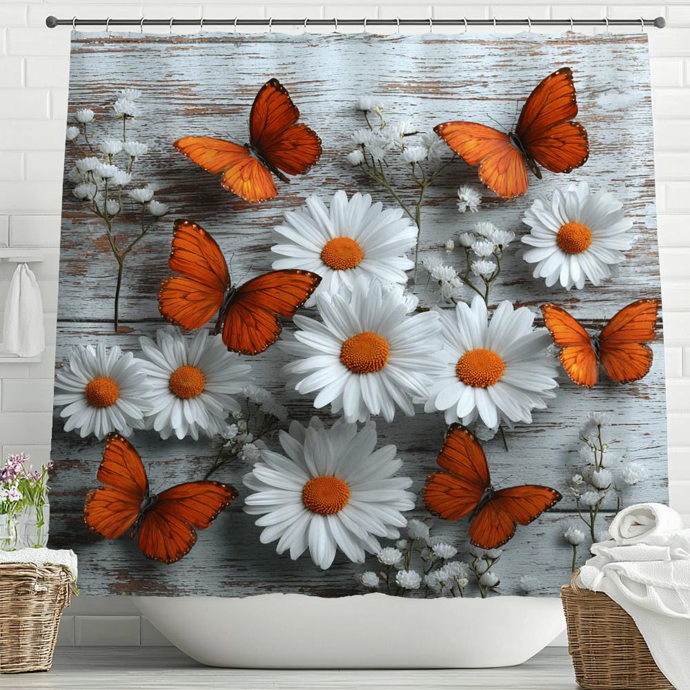 Flowers And Butterflies On Retro Wooden Boards Shower Curtain, Bathroom Shower Curtain, Waterproof Shower Curtain With Hooks