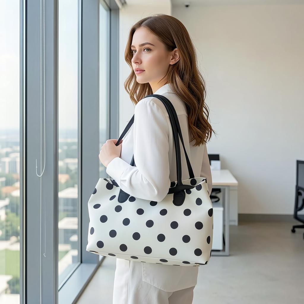 Diese vielseitige Polka-Dot-Tragetasche ist eine schlichte, lässige und geräumige Umhängetasche, perfekt für den Weg zur Arbeit und ein unverzichtbares Alltagsaccessoire.