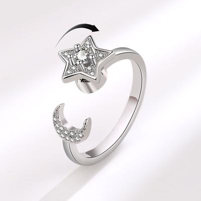 925 Sterling Silver Moon and Stars Zircon Rotatable Ring for Women Gift Diamond Relieve Stress Ring Jewelry Wholesale