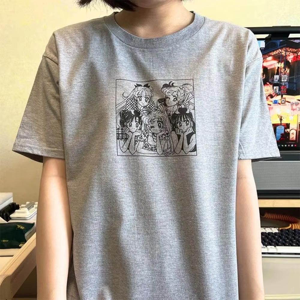 Japanesestyle Sailor Moon Retro Simple Printed Loose Soft and Cotton Summer Womens Roundneck Shortsleeved Tshirt Top