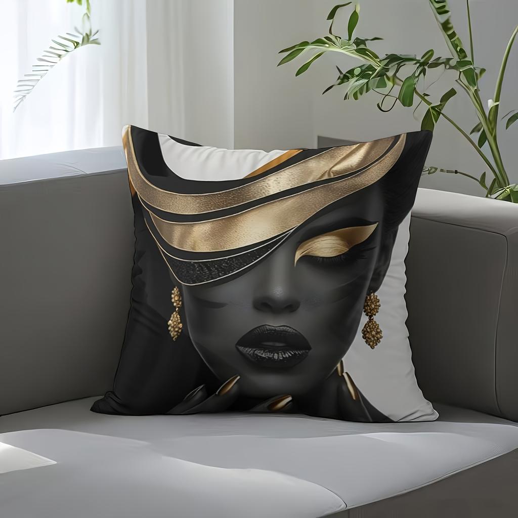 Black and Gold African Woman Throw Pillow Cover Modern Abstract Art Print Decorative Cushion Cover for Glam  Home Decor