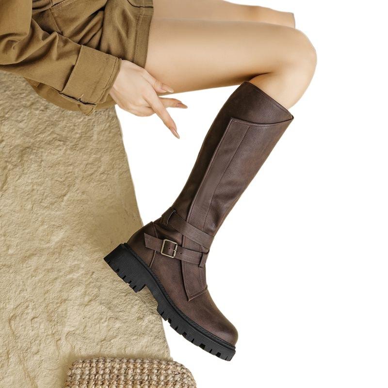 Camping Ödland Wind Motorradstiefel Runde Spitze Dicke Sohle Gürtelschnalle Westernstiefel 2025 Herbst Retro Hohe Ritterstiefel Damen