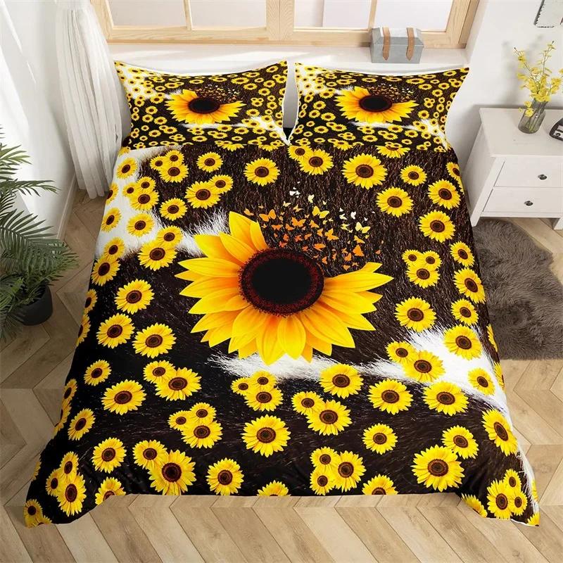 Comforter Sunflower Highland Cow Western Farm Animal Bedding Set Cowhide Comforter Microfiber Twin King Queen Bedclothes