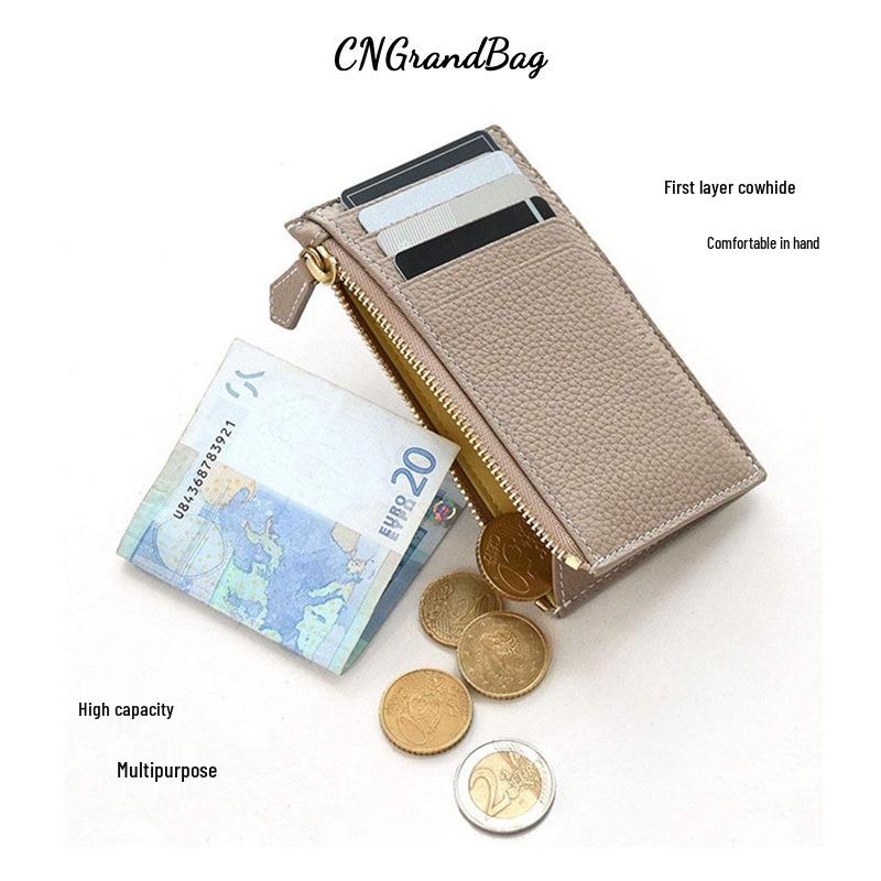 Women's Japanese Korean Style Multi-Card Cowhide ID Holder with Zipper Coin Purse