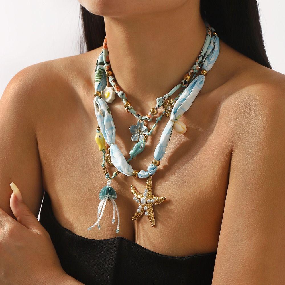 Flower Beach Ocean Series Necklace Jelly Fish Blue Bead Necklace  Girls