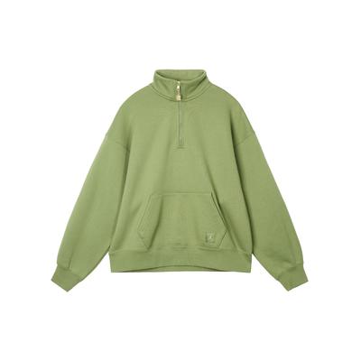 Solid Color High Neck Pullover Cropped Long Sleeve Sweatshirt Women Tops Green FD7222-340