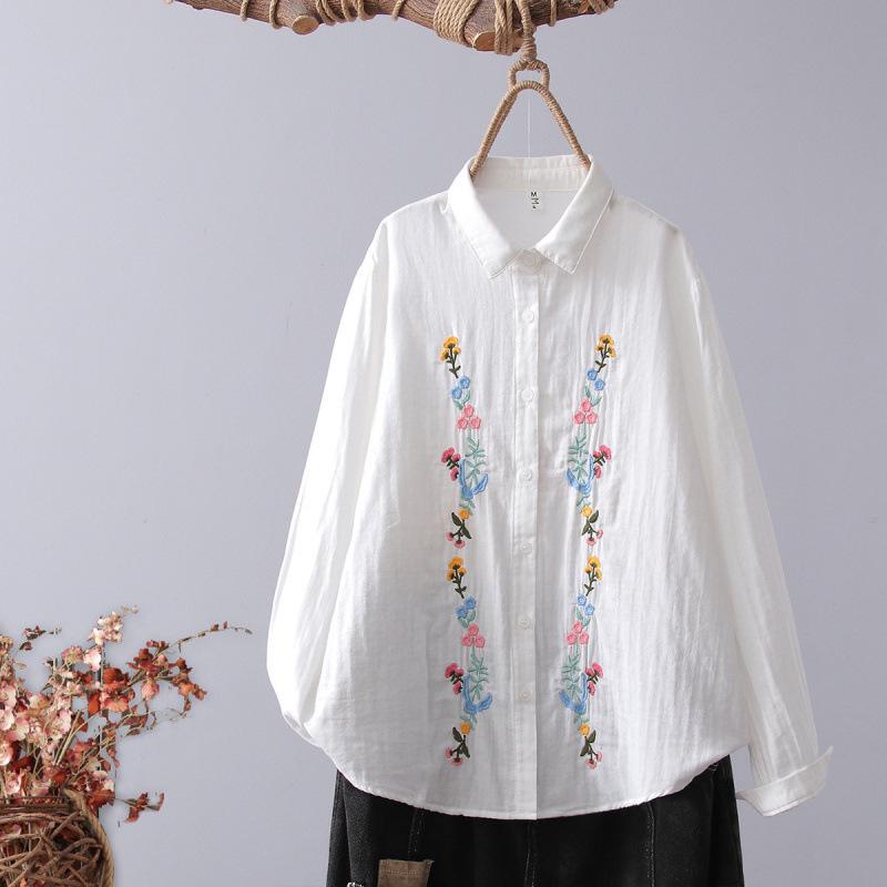 2026 Women's Floral Embroidery White Cotton Long-Sleeve Slimming Shirt