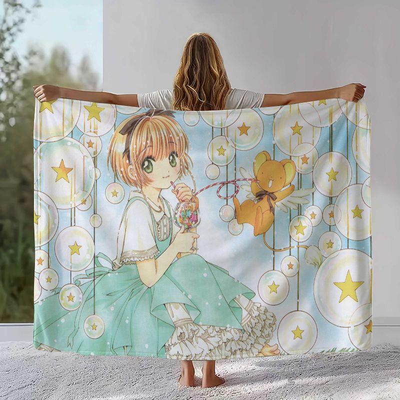 Cute Sakura Card Captor Girl Cartoon Flannel Blanket,Ultra Soft Warm Plush Throw for Home Bedroom Bed Sofa Cover Office Picnic