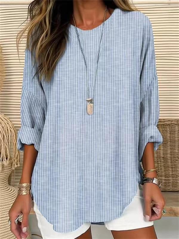 

2026 Euro-American Spring/Summer Striped Loose Long-Sleeve Round Neck Women s Casual Top Large світло-синій колір