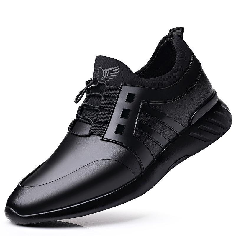 2025 New Leather Men's Shoes Soft Sole Heightened 8CM Youth Leather Shoes Mesh Breathable Extra Large Size Casual Elastic Shoes