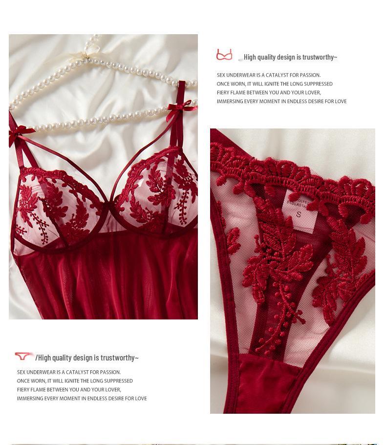 2025 New Sexy Ultra-Thin Lingerie Slip Dress with T-Pants, Transparent Mesh, Wheat Ear Embroidery Flirtatious Pajamas