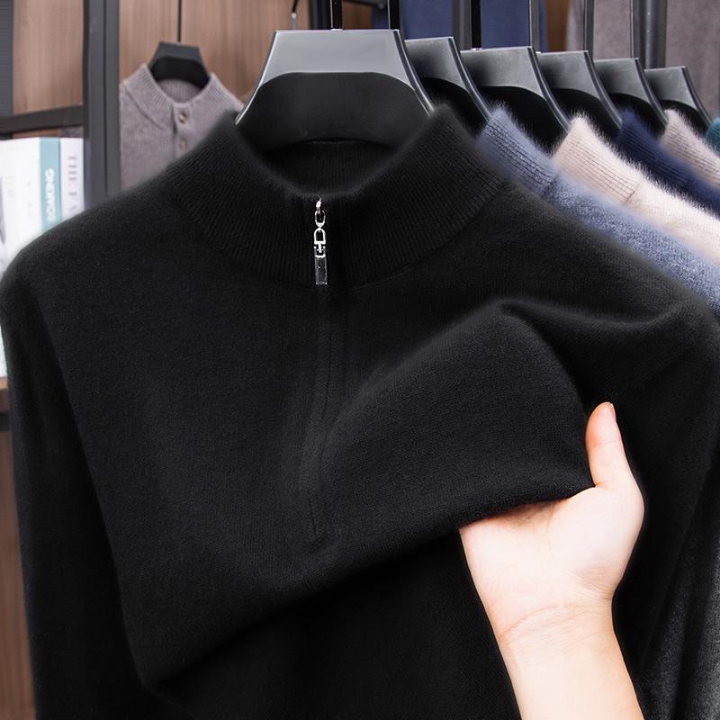 Men's Pure Wool Half-High Collar Zipper Sweater - Soft & Skin-Friendly Base Layer for Autumn/Winter.