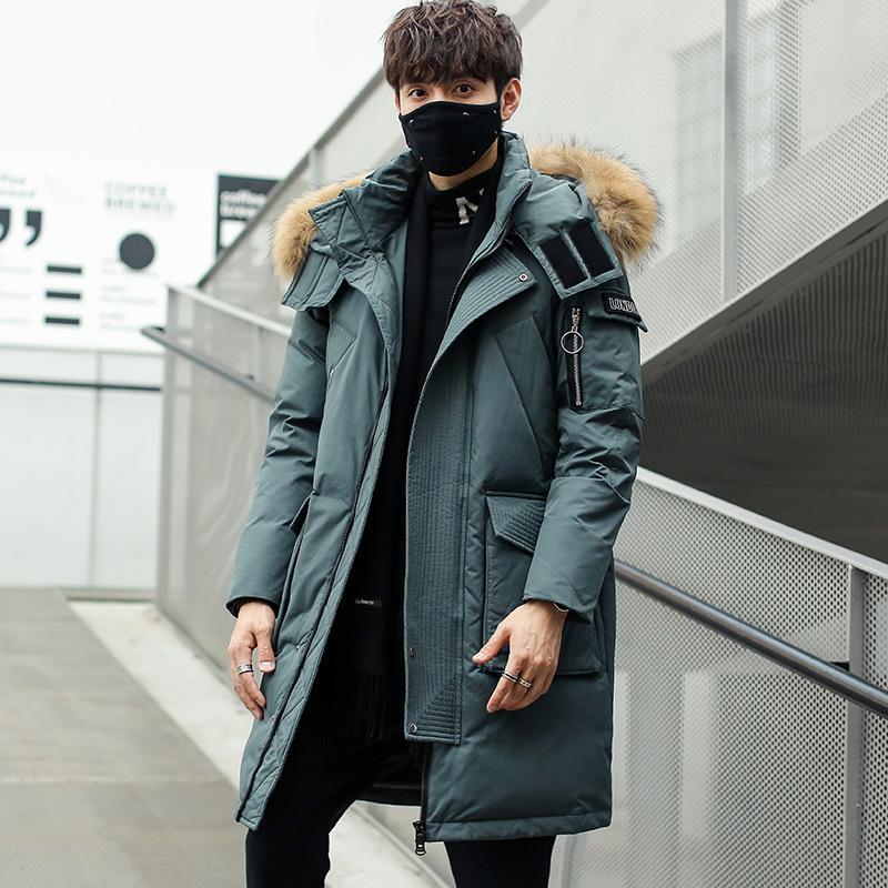 Autumn and Winter Men's Plus Size Warm Zip Section Hooded Fur Collar Padded and Thickened Over The Knee Jacket Casual Outdoor Medium Length Outerwear