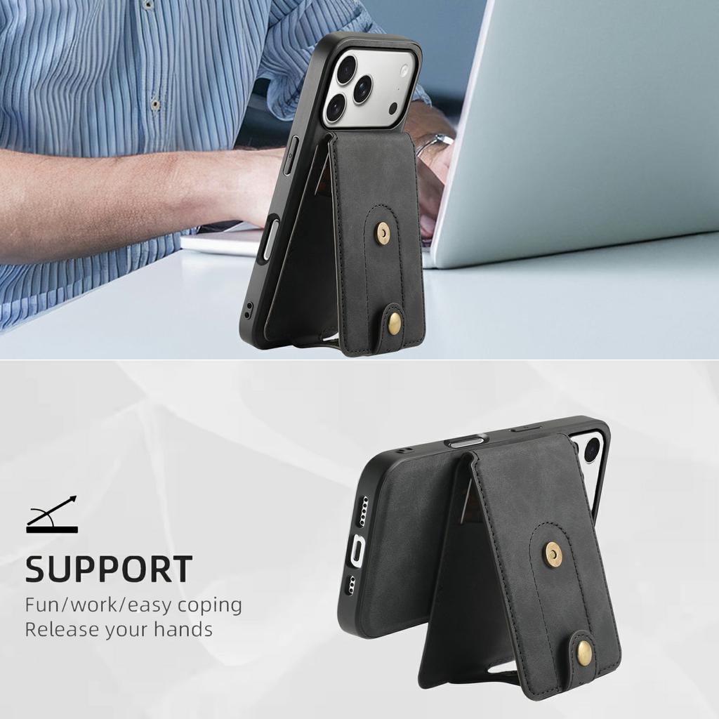 DENIOR D14 For iPhone 17 Pro Max Magnetic Case with Detachable Card Holder Kickstand PU+TPU+PC Phone Cover