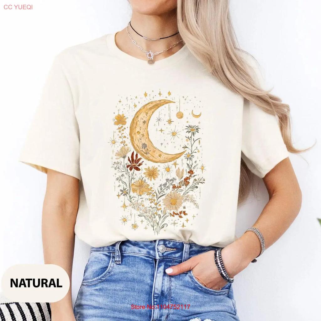 Boho Floral Moon T Shirt Vintage and Stars Botanical Nature Lover Mystical Garden SweaT vintage Washed Versatile Casual