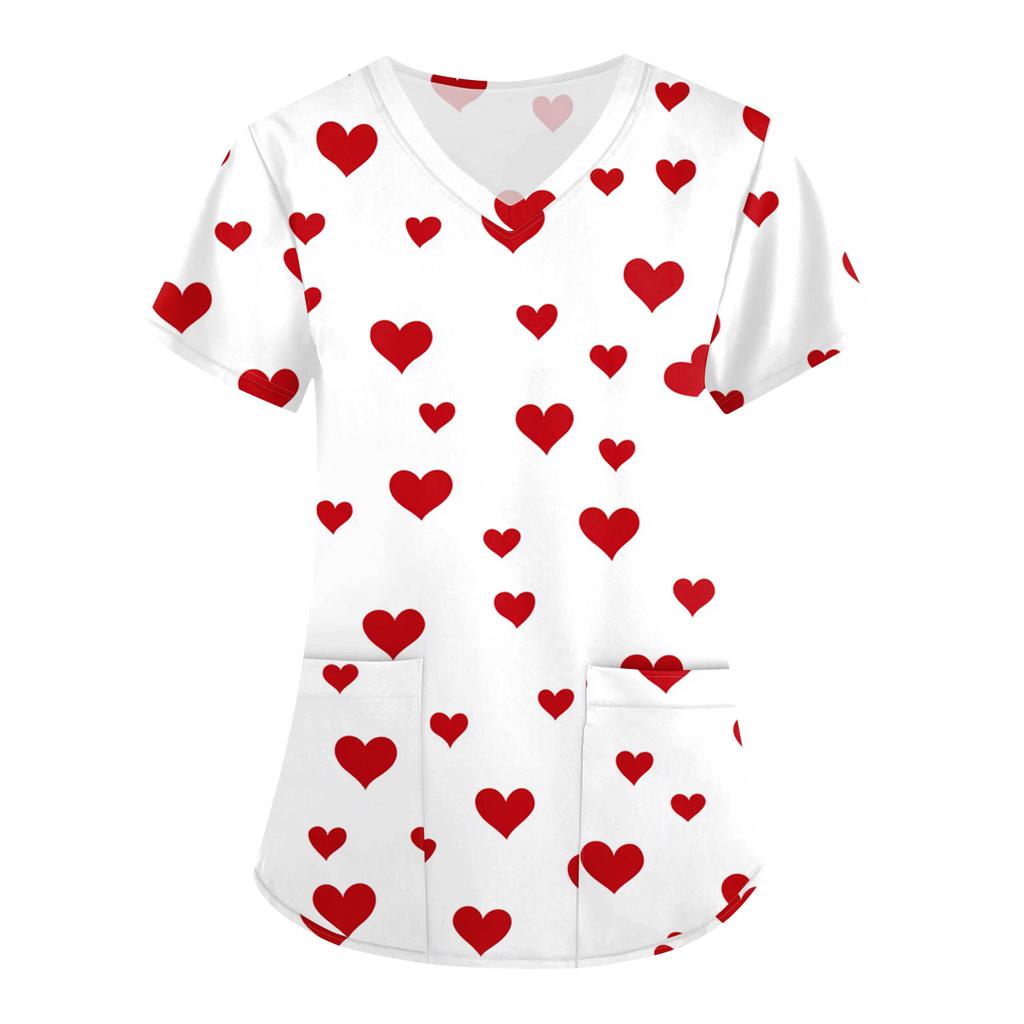 Women's Valentine's Day Print Loose V-neck Pocket Short-sleeved Caregiver Uniform/ Uniform