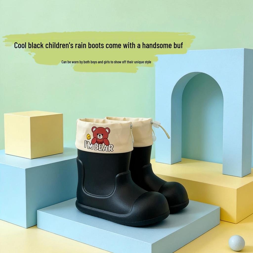 Pink Macaron Bear Pattern Kids' Non-Slip Waterproof Rain Boots - Cute and Soft for Babies and Kindergarteners