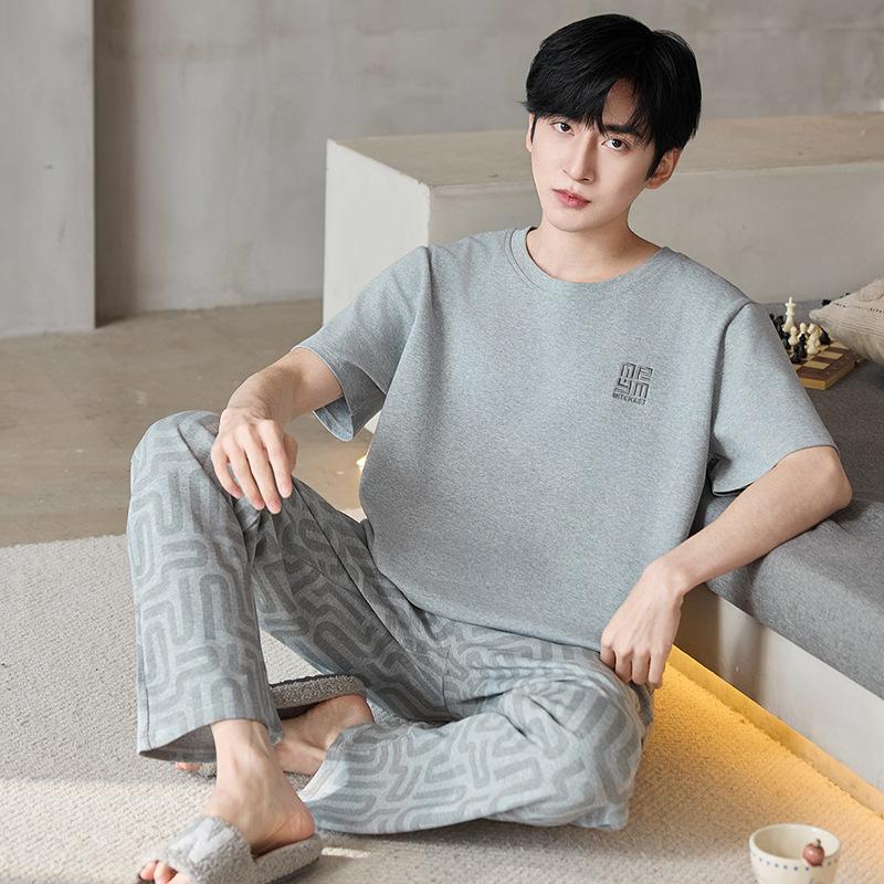 100% cotton round neck short sleeves trousers pajamas men's summer high sense Internet celebrity casual men's loungewear suit