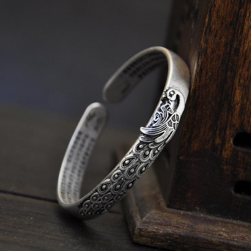 Vintage buddhistischer Herz-Sutras-Ring für Frauen, Schmuck, exquisiter geschnitzter Pfau-Armreif, weibliches Party-Zubehör