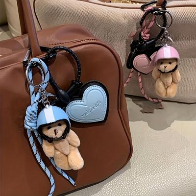Handmade Mini Bear Keychain, Fashionable Plastic Keyring with Leather Handbag Charm, Trendy Car Key Accessory