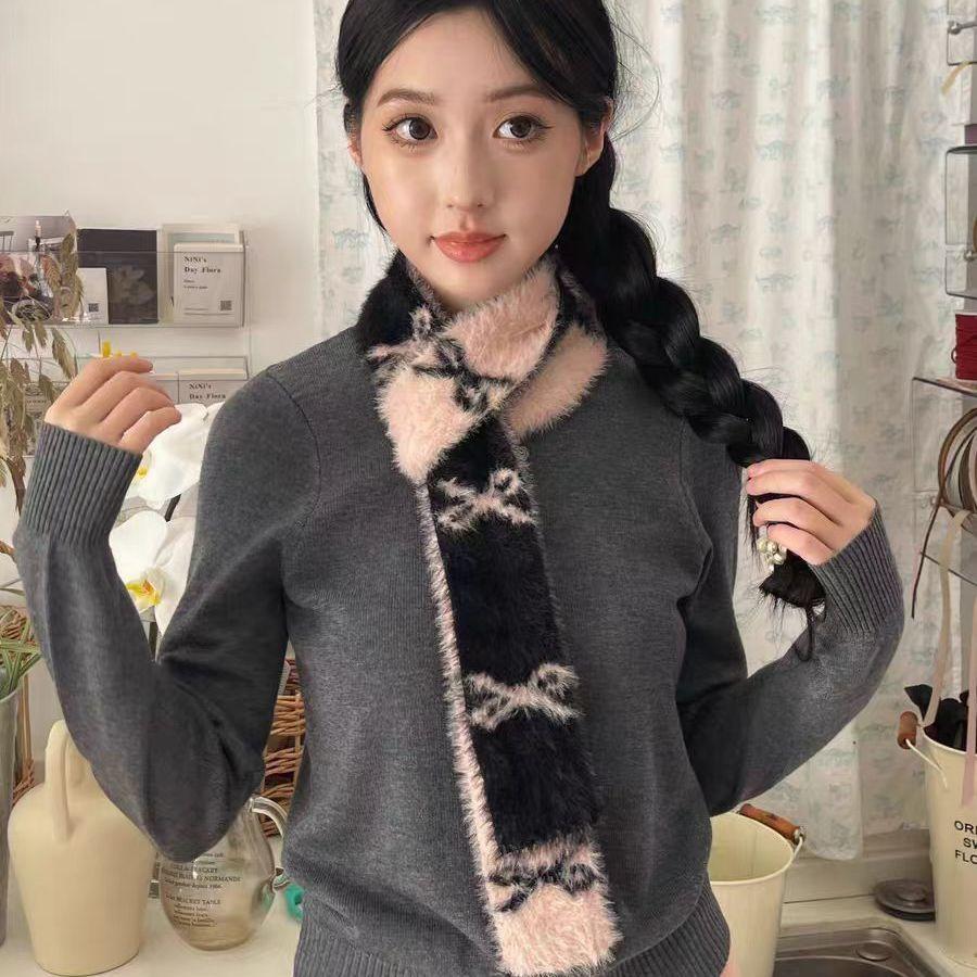 Bow Pattern Girl Scarf Plush Soft Slim Cute Scarves Korean Style Women's Fashionable Casual Ornament