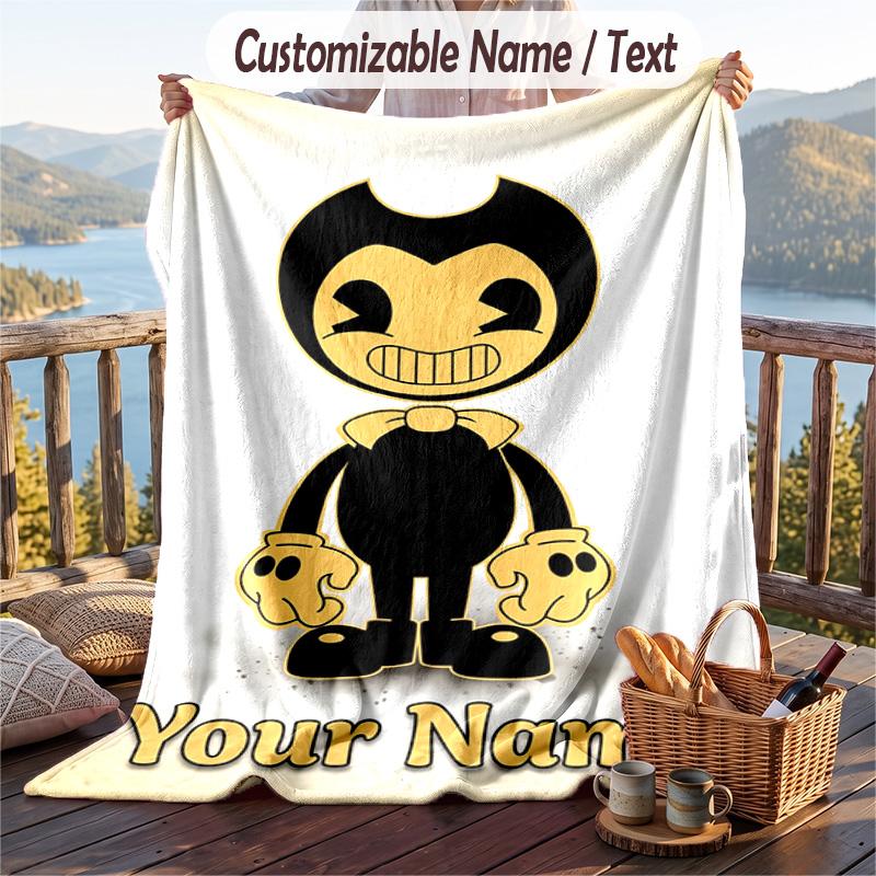 Custom Text Flannel Throw Blanket, Lightweight Cozy Bed Sofa BlanketBendy and the Ink Machine