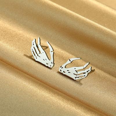 Punk Skeleton Hand Earrings Men Women Street Style Zircon Cartoon Stud Earrings Stainless Steel Halloween Accessory Gift