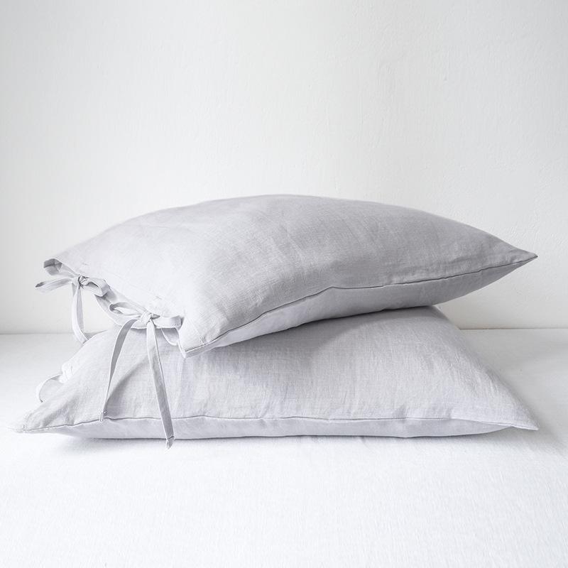 French Pure Linen Pillowcase Pair, Tie Closure, Skin-Friendly, Solid Color, 48x74 cm, Customizable, Ideal for Spring/Summer Home Use.