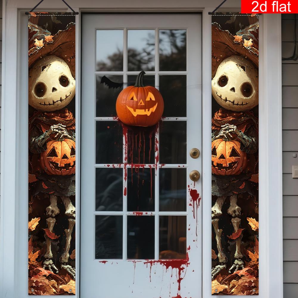 2D Flat, 1 Pair Spooky Cute Cartoon Skull & Pumpkin Lantern Door Banner Suitable for Indoor/Outdoor - Hanging Decoration for Front Door, Porch, - -to-