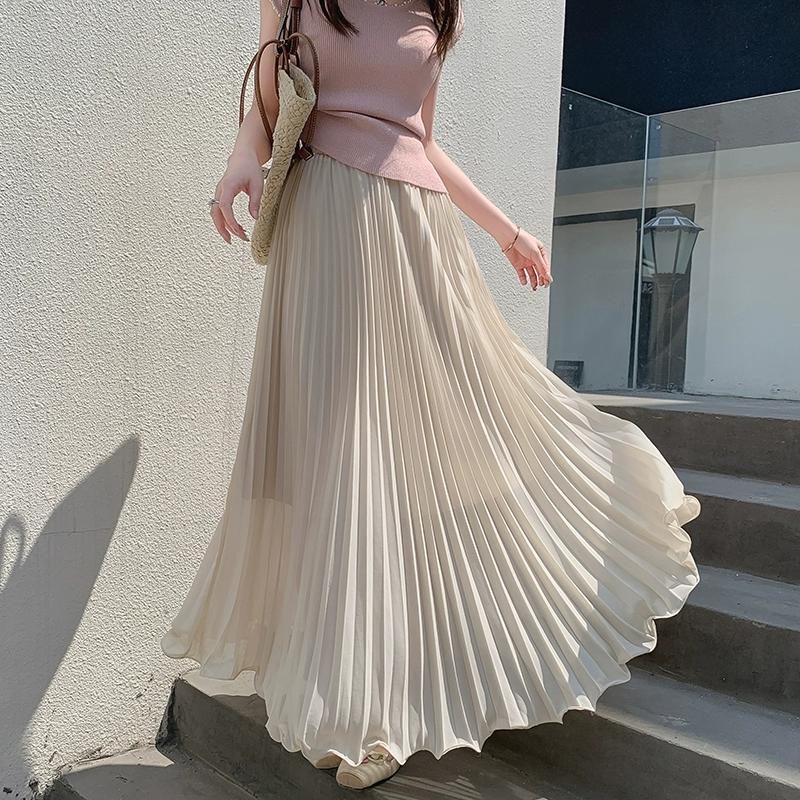 

DIMANAF 2025 Women New Summer Skirts Chiffon Solid Elastic Waist Pleated Mesh Elegant Skirts One Size