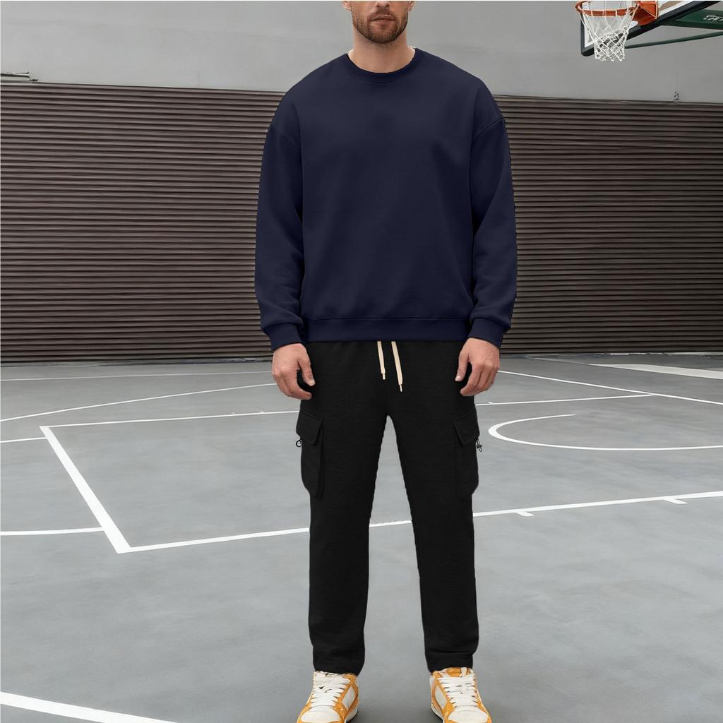 Men's Casual Sportswear Set Autumn/Winter Fleece-Lined Heavyweight Oversized Long-Sleeved Crew Neck Sweatshirt and Trousers Set