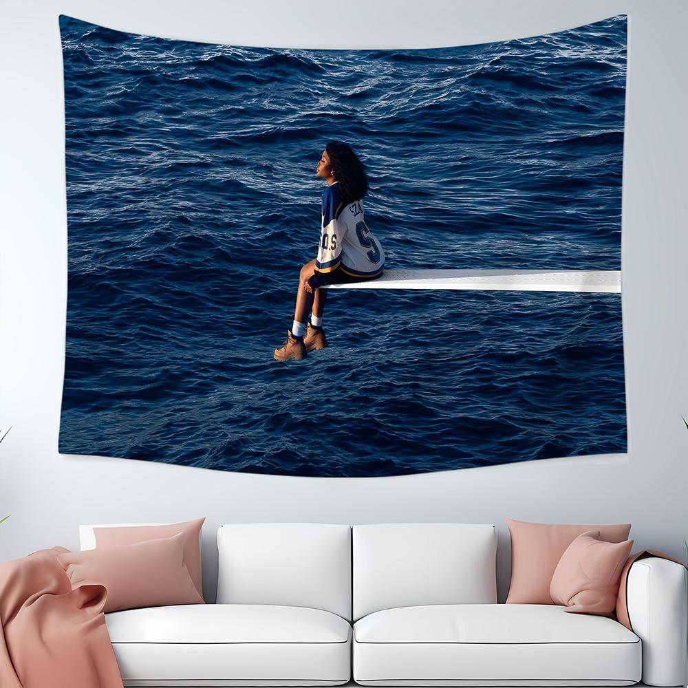 Ocean View Girl Sitting Wall Tapestry Sea Background Art Minimalist Decor Calm Vibes Nature Theme Room Design Coastal Aesthetic