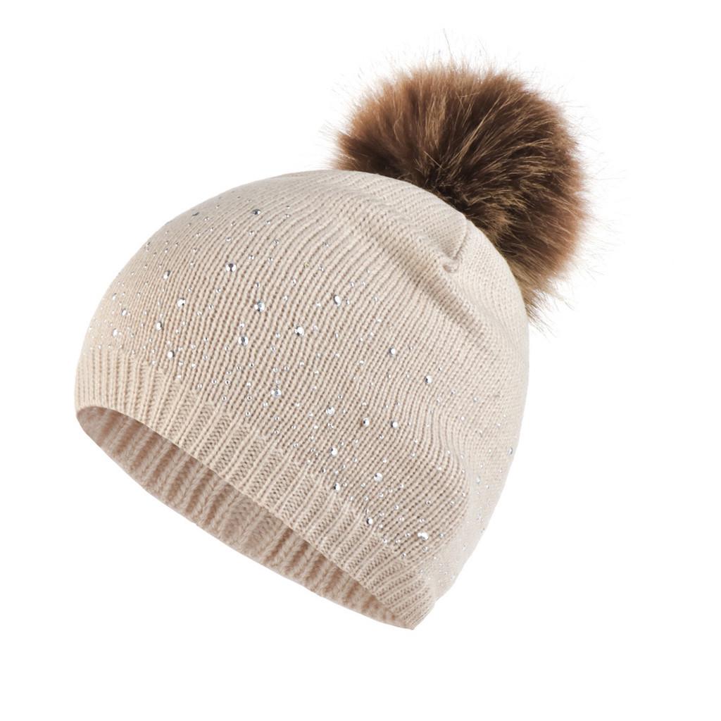Fashion Women Knitting Wool Hemming Hat Rhinestone Keep Warm Winter Hairball Cap