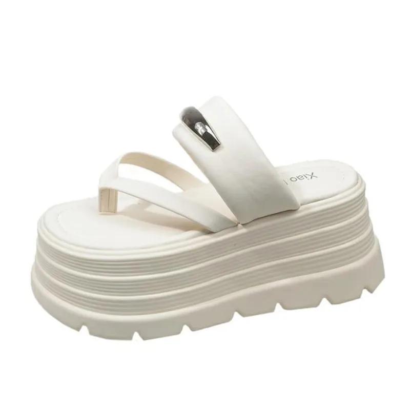 Fashion 2025 New Summer Platform Wedges Slippers 8CM Heels Peep Toe Sandals Ladies Beach Flats Shoes Women Moccasins Leather Flip Flops