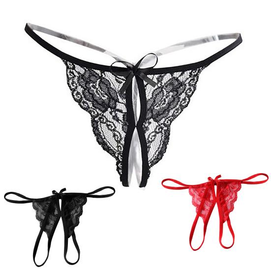 Women T-back Low Waist Open Crotch Hollow Out See-through Lace Seductive Solid Color One Size Lady Thong for Valentine's Day
