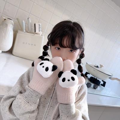 Children's Gloves Autumn and Winter Cartoon Cute Velvet Finger Korean Style Halter Neck Knitted Warm Velvet Thickened Baby Gloves