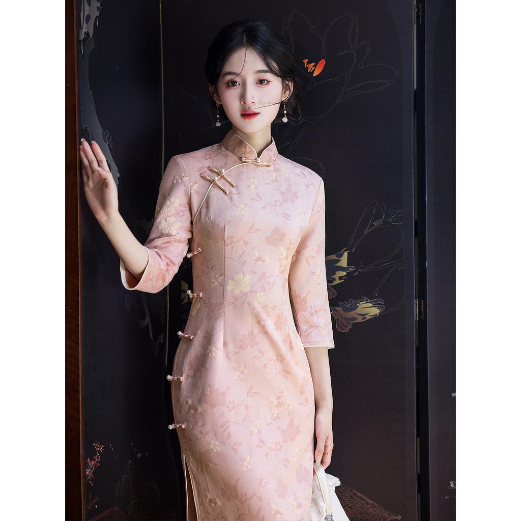 Luo Shibo Stunning Suede Pink Cheongsam 1011 Autumn Daily Lady Fan Temperament Dress Women
