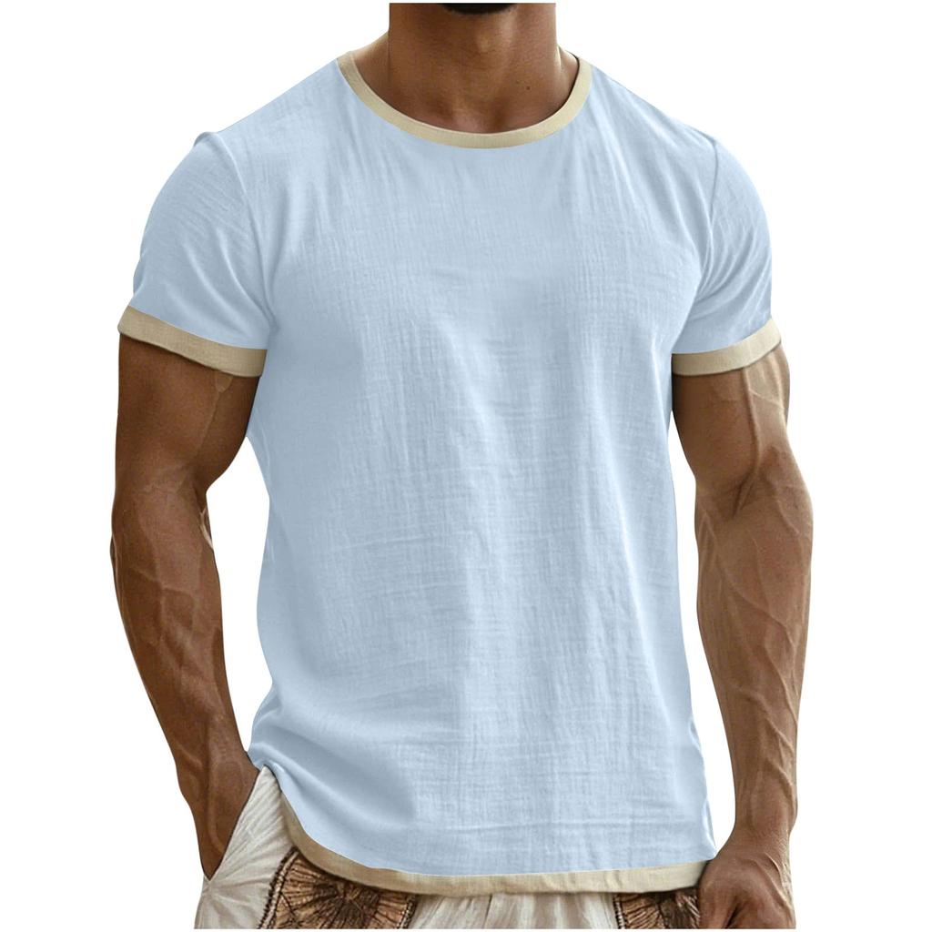 Men's Colorblock Cotton Linen Short Sleeve T-Shirt Lightweight Breathable Round Neck Casual Vacation Top