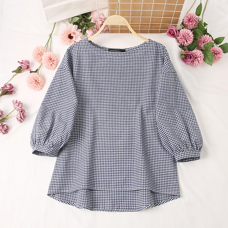 

ZANZEA Женская повседневная блузка с круглым вырезом и рукавами 3/4 в клетку с принтом M темно-синий