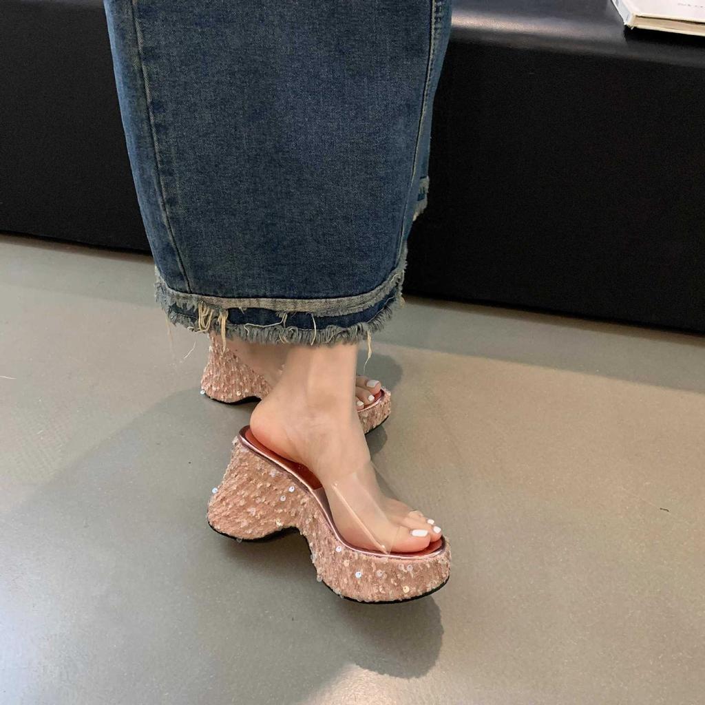 Small Man Height Gain Super High Heels Glitter Sequins Women's Summer Slope Heel Transparent Muffin Bottom Thick Sole Beach Cool Slippers