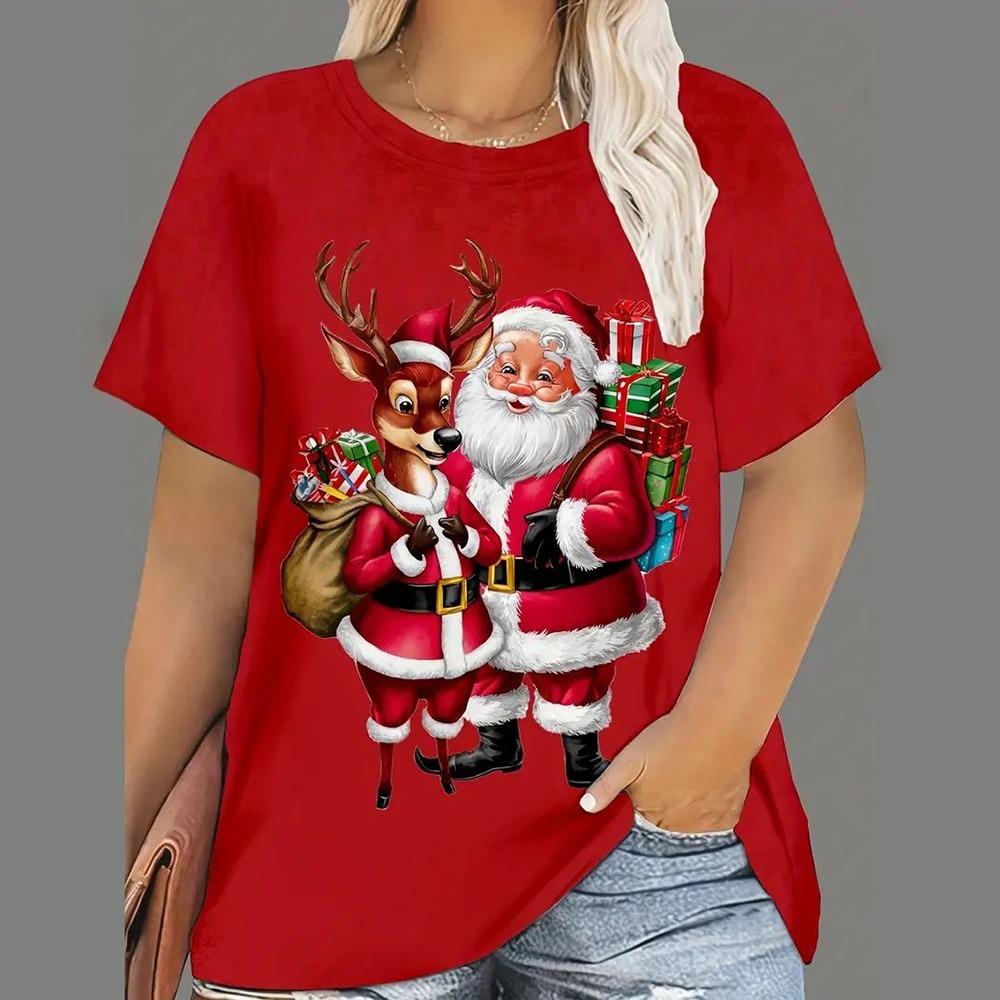 Women's Christmas T-shirt, cartoon Santa Claus print, short-sleeve, round-neck, casual party loose top