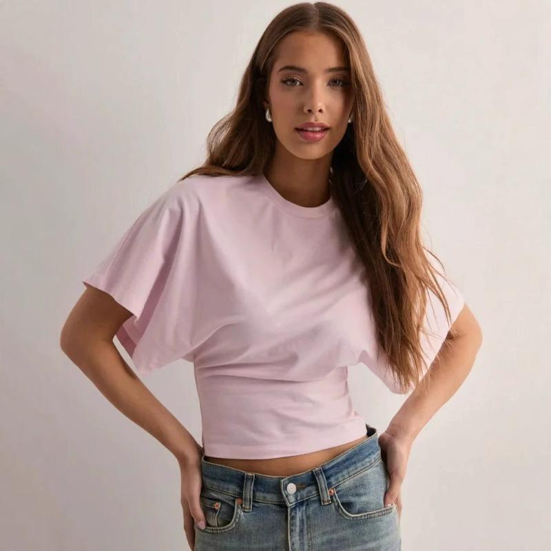 Fashion Design Sense Round Neck Pullover Short-sleeved T-shirt Women, Summer New Style Simple and Versatile Solid Color Loose Top