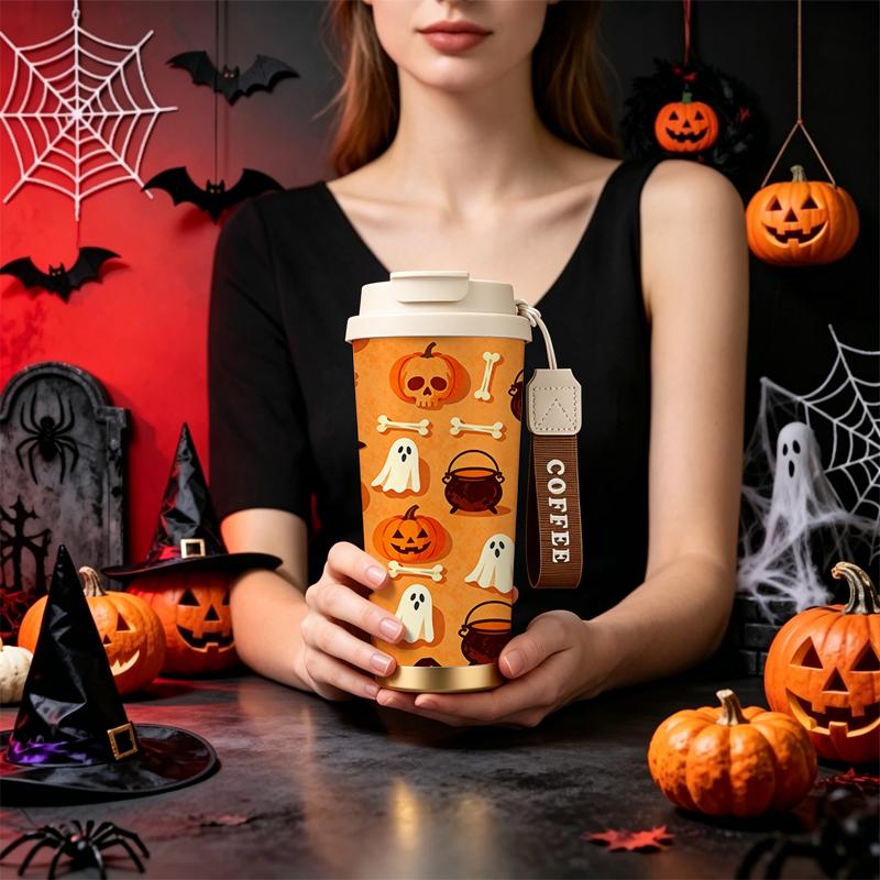 Halloween Coffee Cup 532ml Skull Pumpkin Ghost Hat Cauldron Bone MotifPortable Thermos Large Capacity Tea Cup Flip Lid Coffee Cup Coffee Cup 532ml
